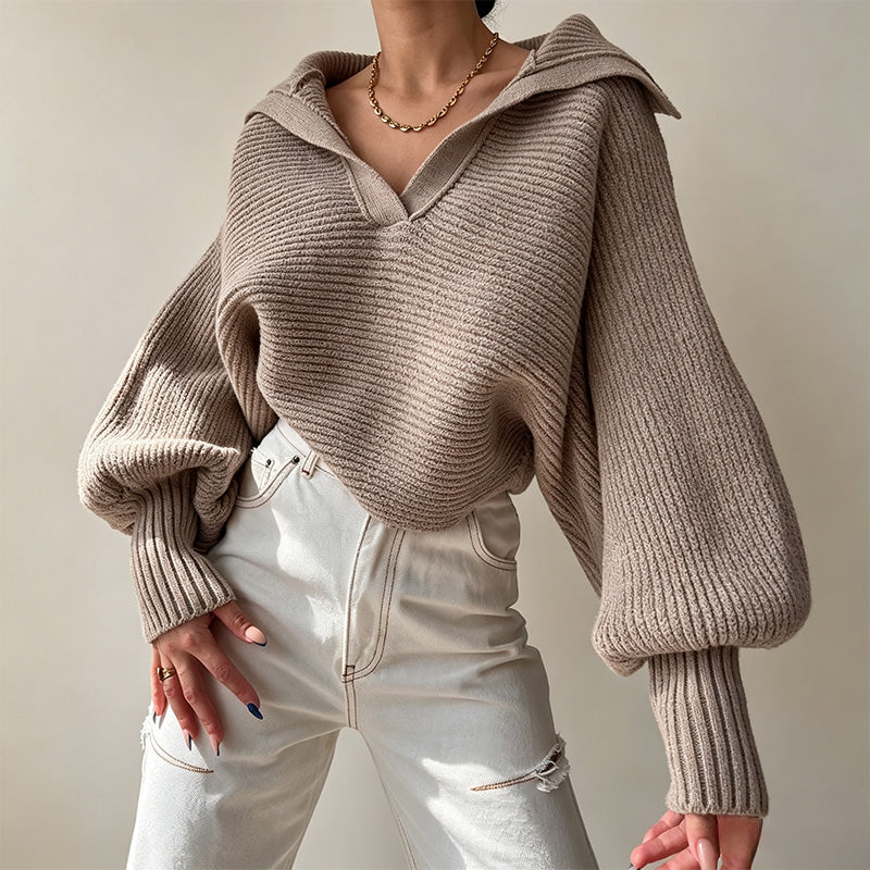 Open-collar loose-fit cropped pullover sweater