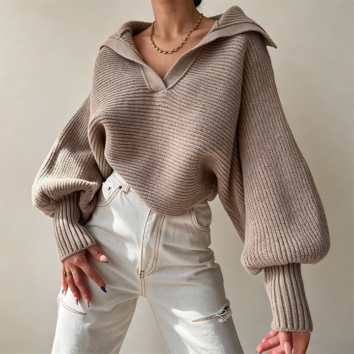 Open-collar loose-fit cropped pullover sweater