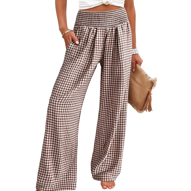 High-waisted, wide-leg plaid trousers—a stylish choice