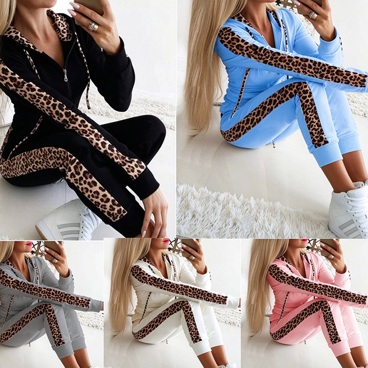 Autumn/Winter Trendy Leopard-Print Colorblock Hooded Tracksuit