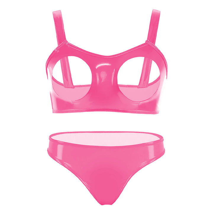 Sexy glossy patent PU bra and narrow-crotch panty set