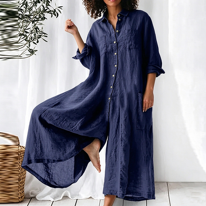 Solid-color mid-length cotton-linen shirt-style jumpsuit