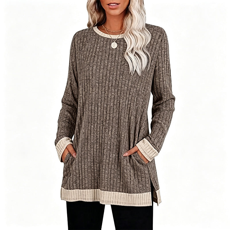 New Color-Block Long-Sleeve T-Shirt (with Pocket and Side Slits)