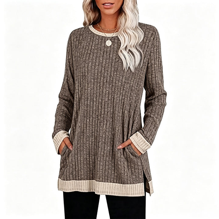 New Color-Block Long-Sleeve T-Shirt (with Pocket and Side Slits)