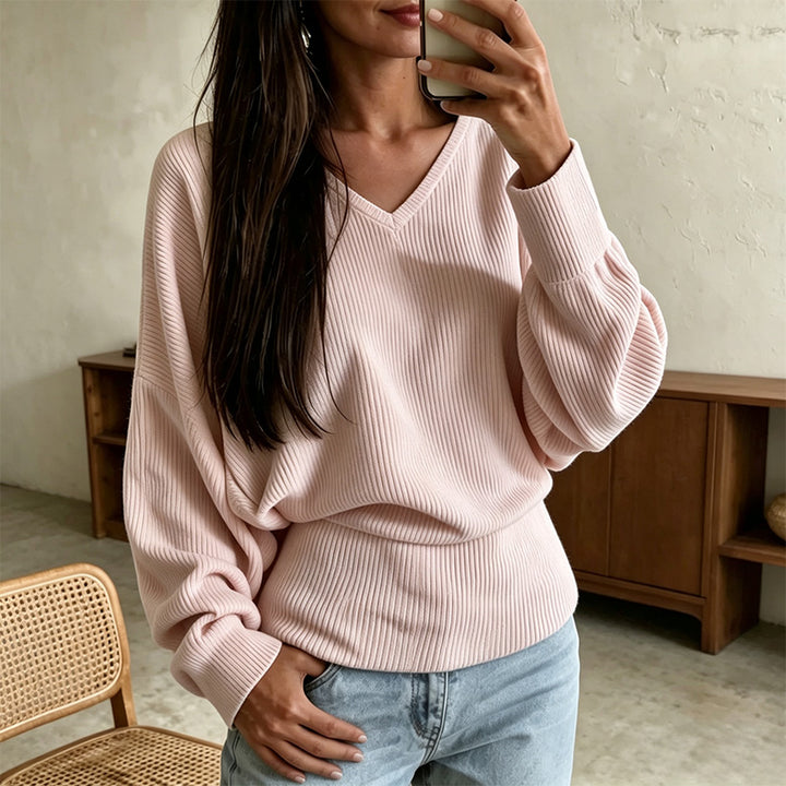 New Casual Loose Ribbed V-Neck Long-Sleeve T-Shirt