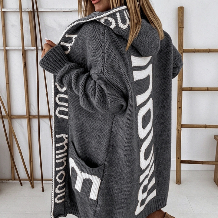 New Autumn/Winter Long Hooded Letter-Pattern Knit Cardigan