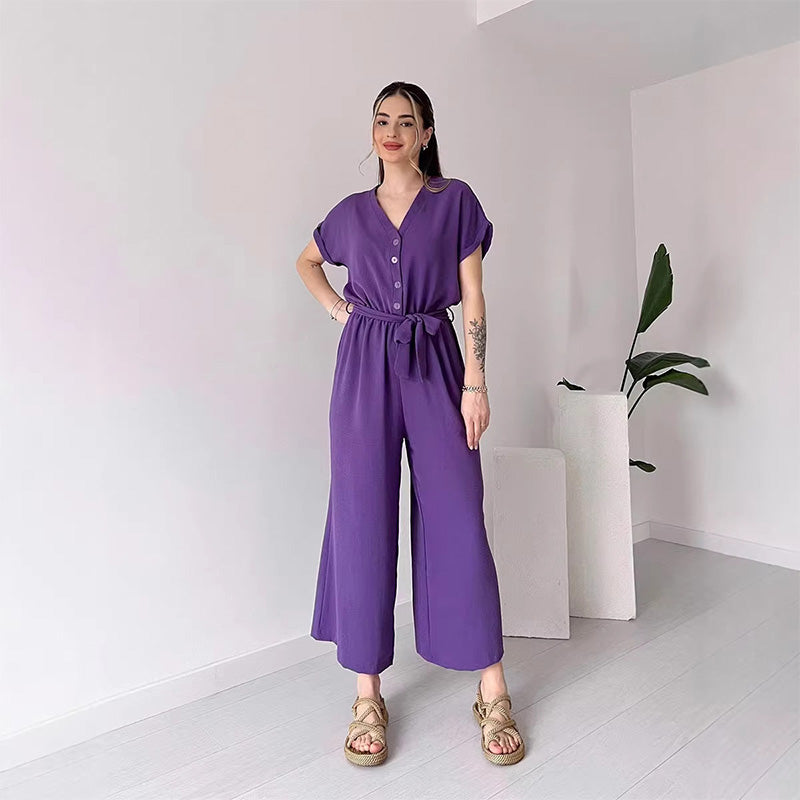 Solid-color V-neck high-waisted belted straight-leg jumpsuit