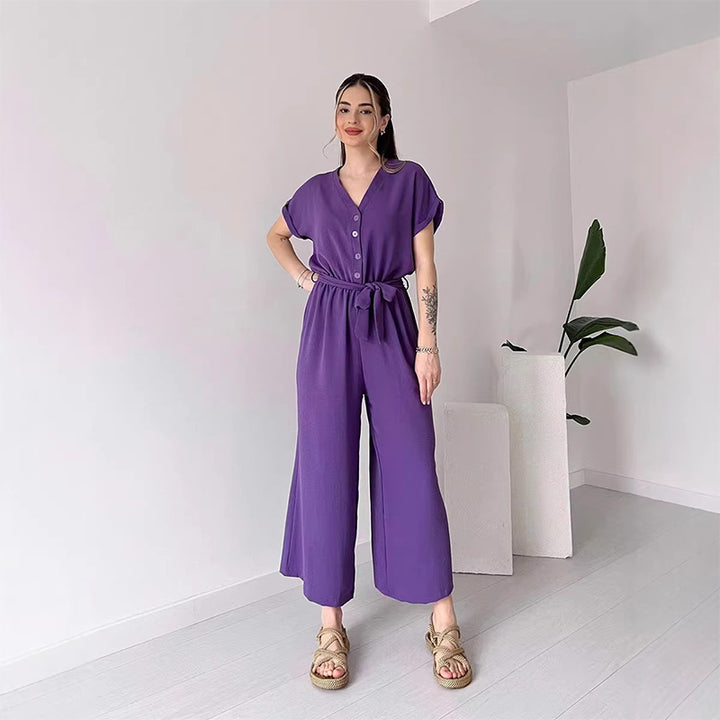 Solid-color V-neck high-waisted belted straight-leg jumpsuit