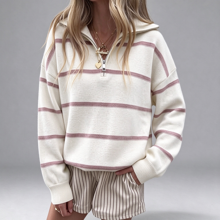 New Autumn/Winter Striped Zip-Up Knit Top