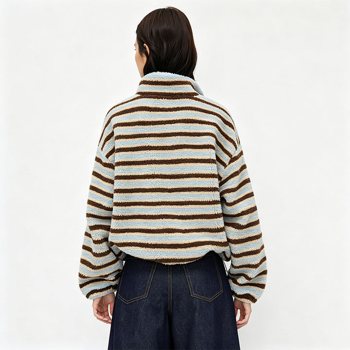 New loose-fitting, warm wool-blend top with a stand-up collar