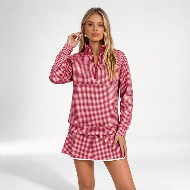 Checked half-placket pullover set
