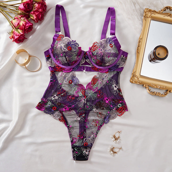 Embroidered Mesh Corset Bodysuit