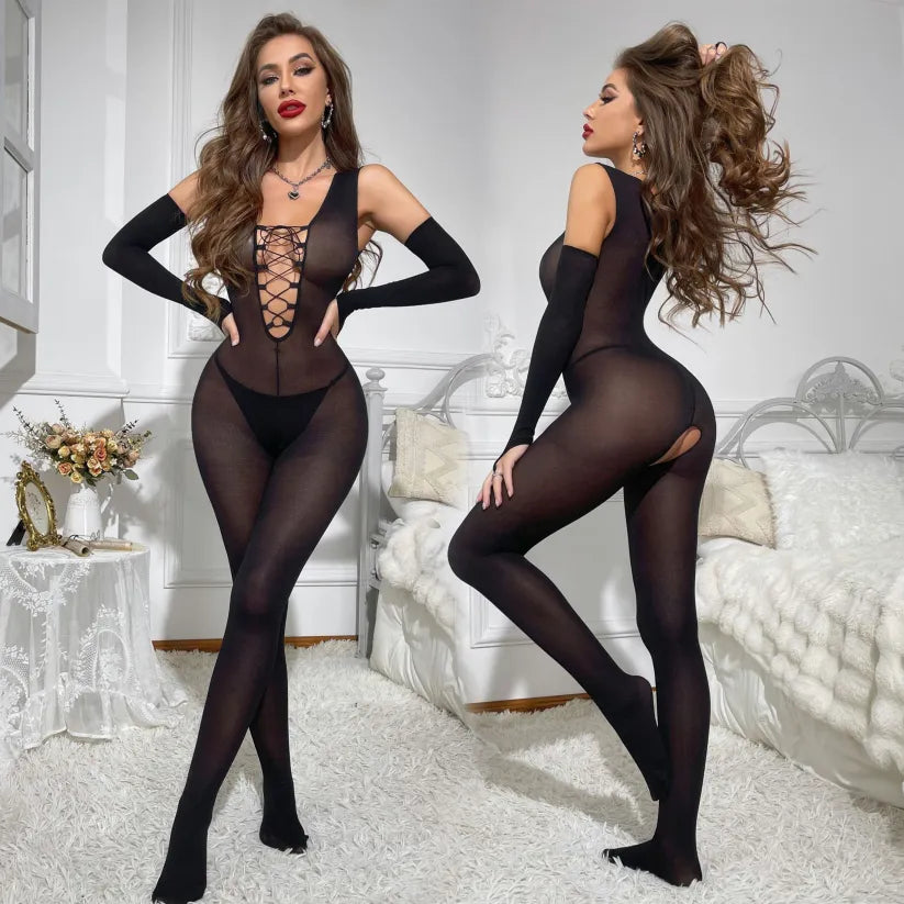 Sexy langärmlige Strumpfhose mit offenem Schritt