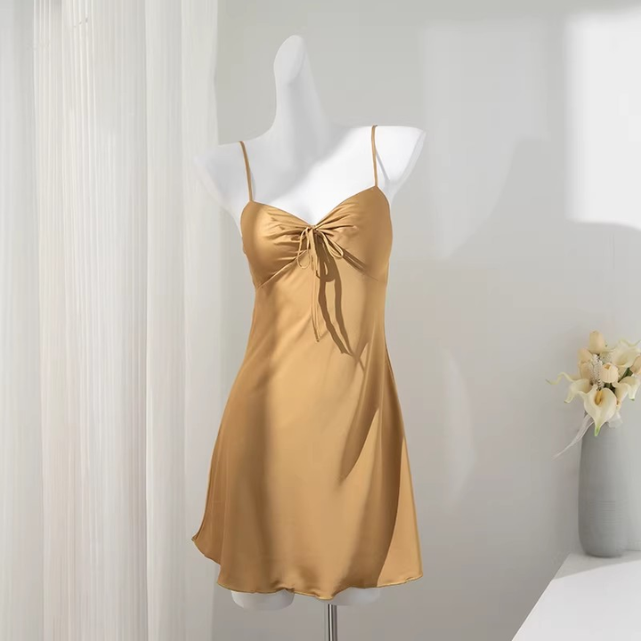 Ice-silk and lace camisole nightdress, featuring built-in pads and a bow detail