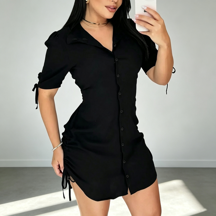 New stylish solid-color short-sleeve drawstring shirt dress