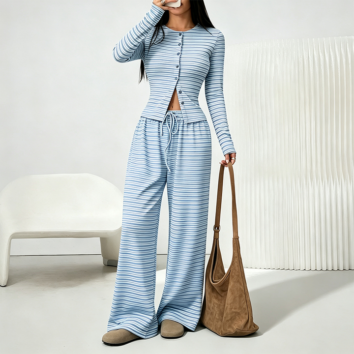 Best-selling striped set: slim-fit long-sleeve top and trousers.