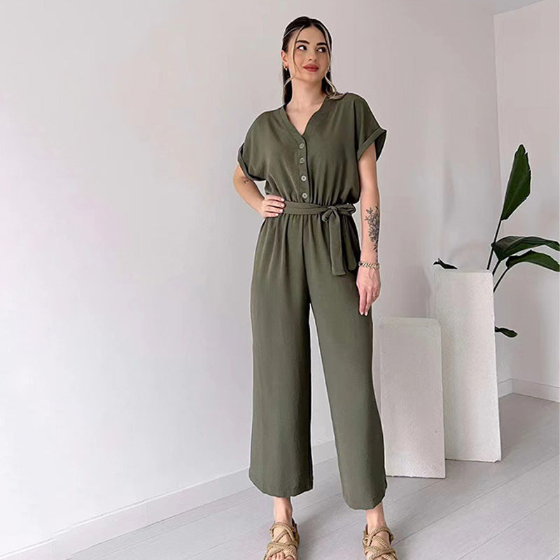 Solid-color V-neck high-waisted belted straight-leg jumpsuit