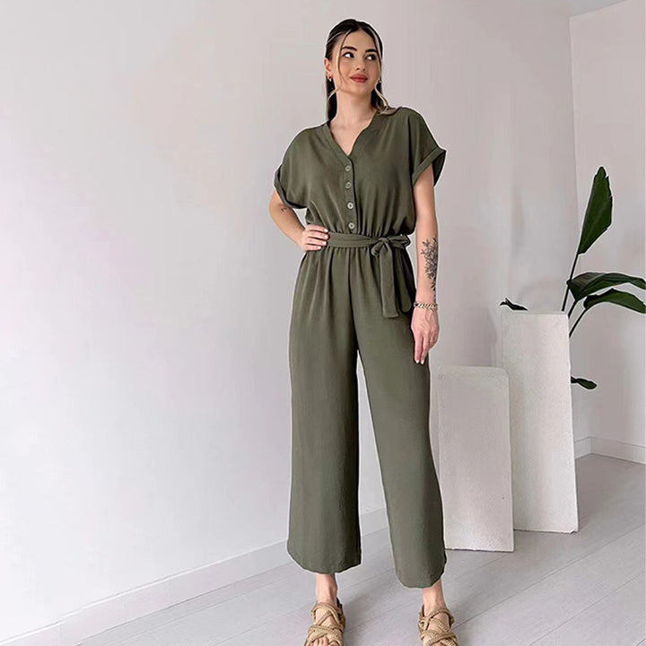 Solid-color V-neck high-waisted belted straight-leg jumpsuit