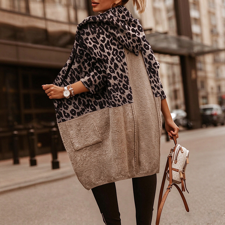 Stylish Leopard-Print Hooded Knit Cardigan (Mid-Length)