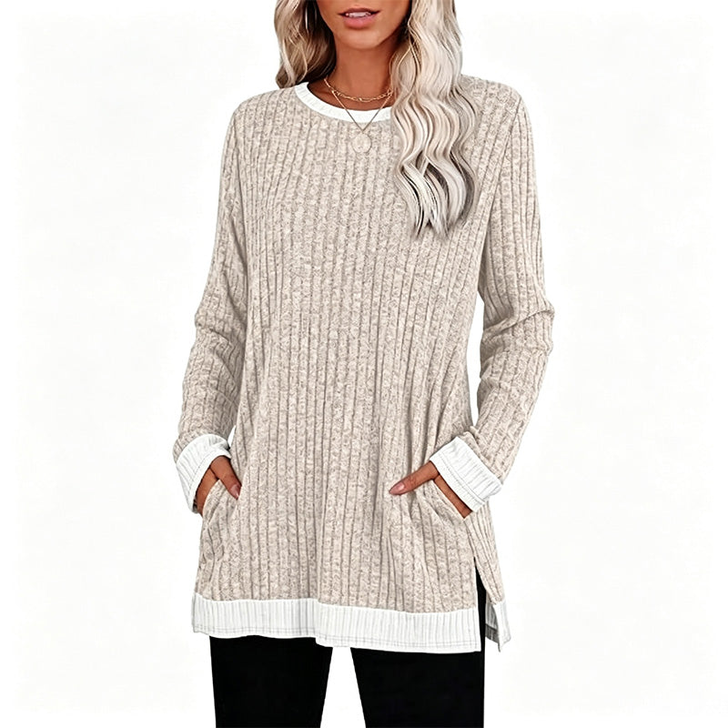 New Color-Block Long-Sleeve T-Shirt (with Pocket and Side Slits)