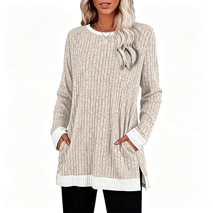 New Color-Block Long-Sleeve T-Shirt (with Pocket and Side Slits)