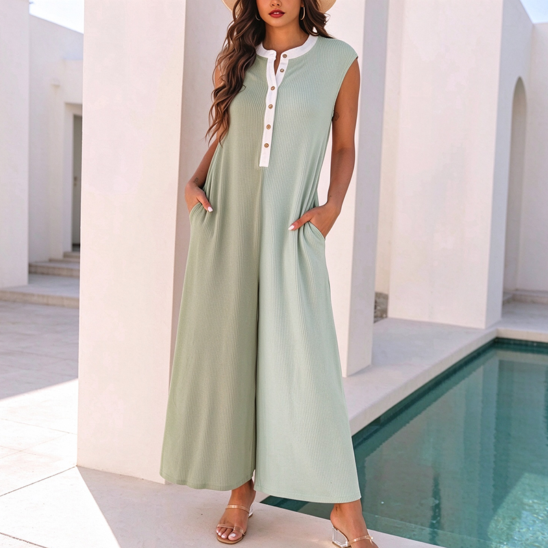 New Summer Color-Block Sleeveless Wide-Leg Jumpsuit