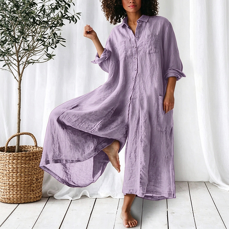 Solid-color mid-length cotton-linen shirt-style jumpsuit