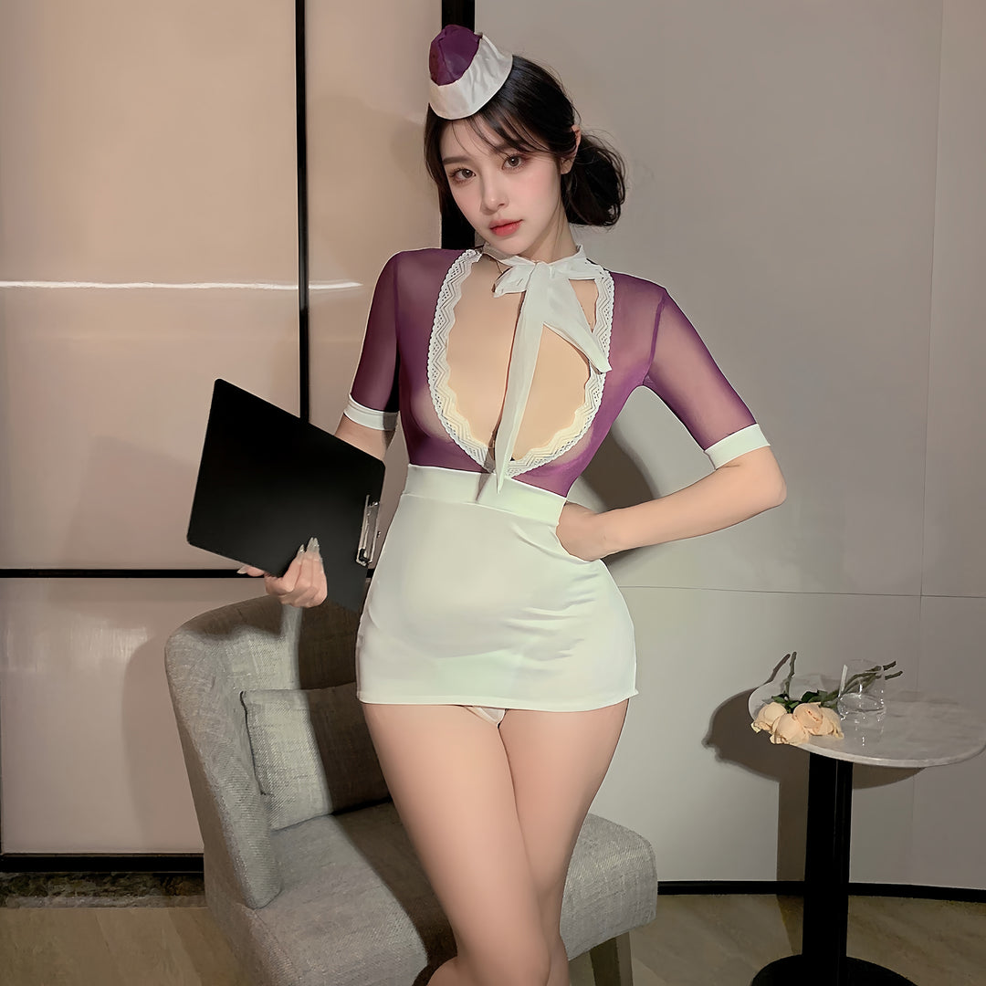 Lace deep-V-neck flight attendant uniform paired with a form-fitting skirt