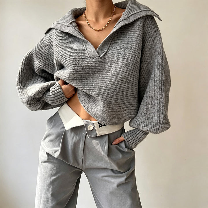 Open-collar loose-fit cropped pullover sweater