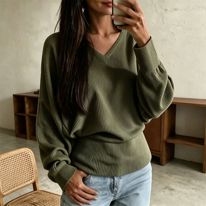 New Casual Loose Ribbed V-Neck Long-Sleeve T-Shirt