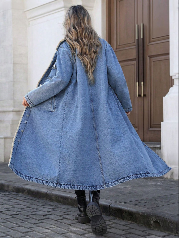 Oversized, long-line, fleece-lined denim jacket