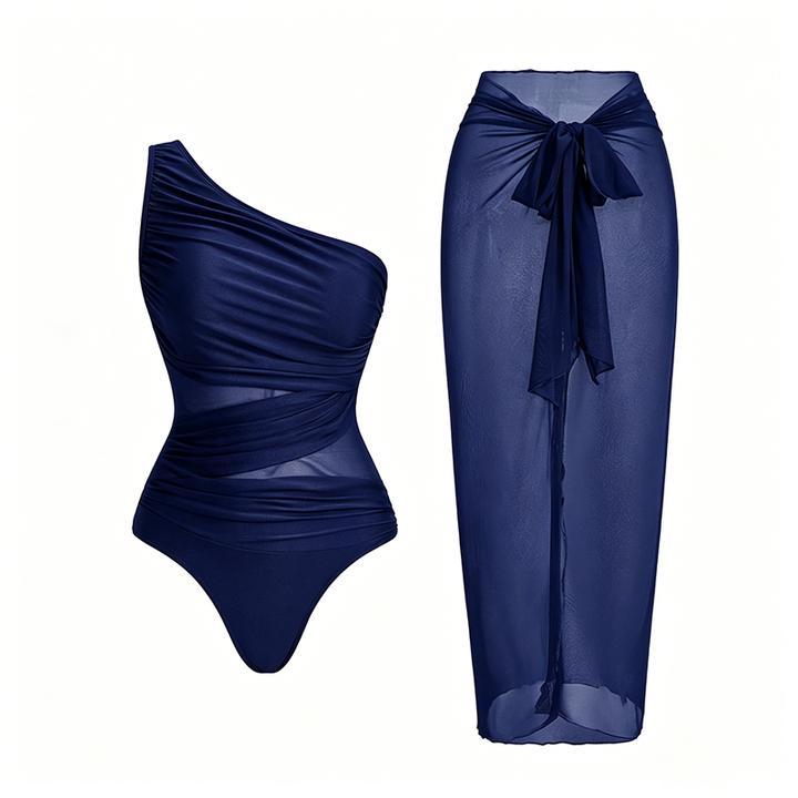 Mesh-Paneled One-Piece Swimsuit (with Wrap Skirt)