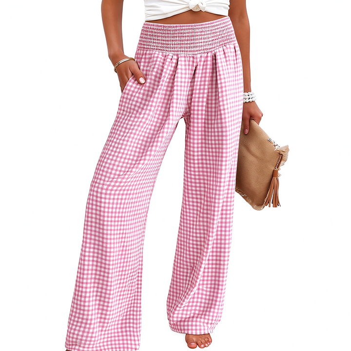 High-waisted, wide-leg plaid trousers—a stylish choice