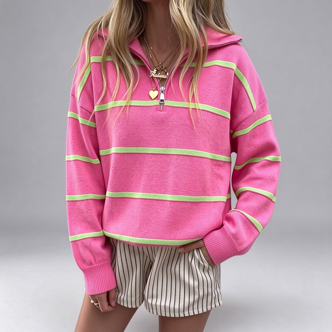 New Autumn/Winter Striped Zip-Up Knit Top