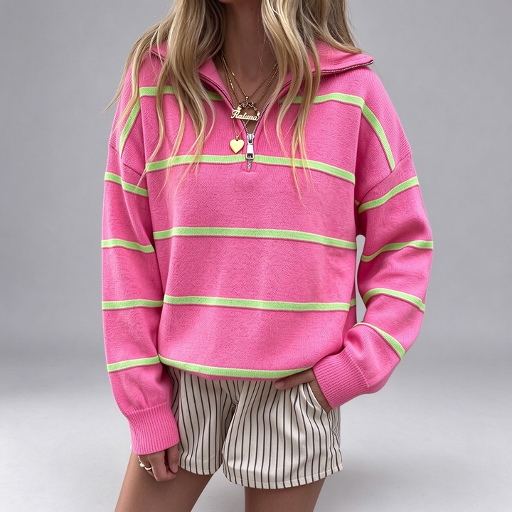 New Autumn/Winter Striped Zip-Up Knit Top