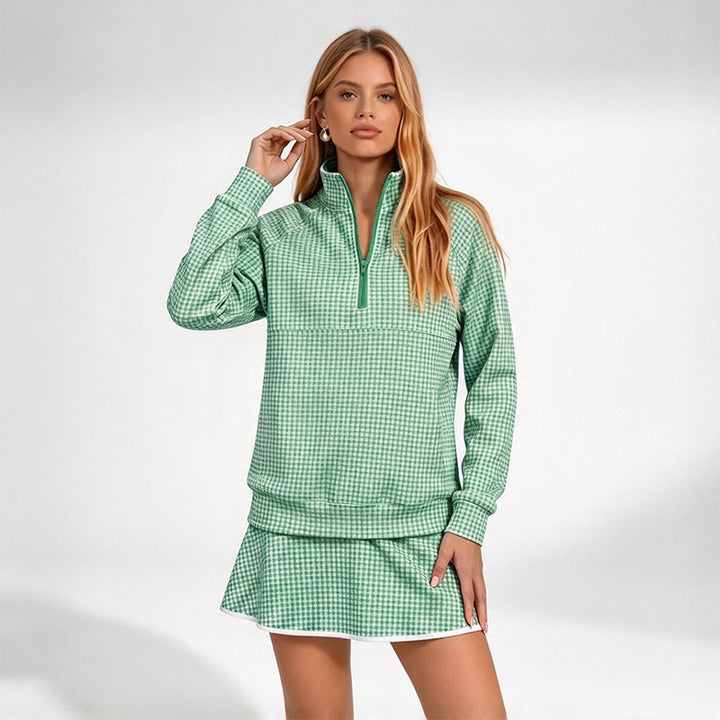 Checked half-placket pullover set