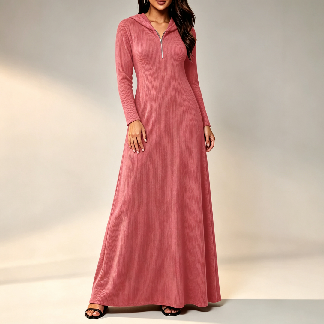 Half-zip hooded knit casual maxi dress