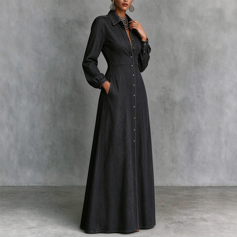 Best-selling slim-fit long-sleeve collared denim dress