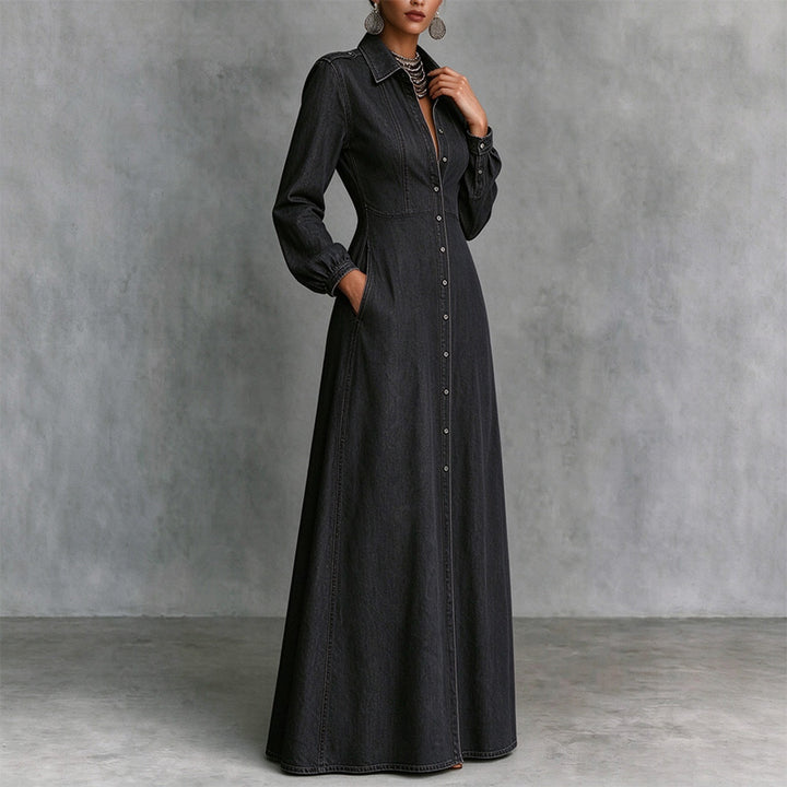 Best-selling slim-fit long-sleeve collared denim dress