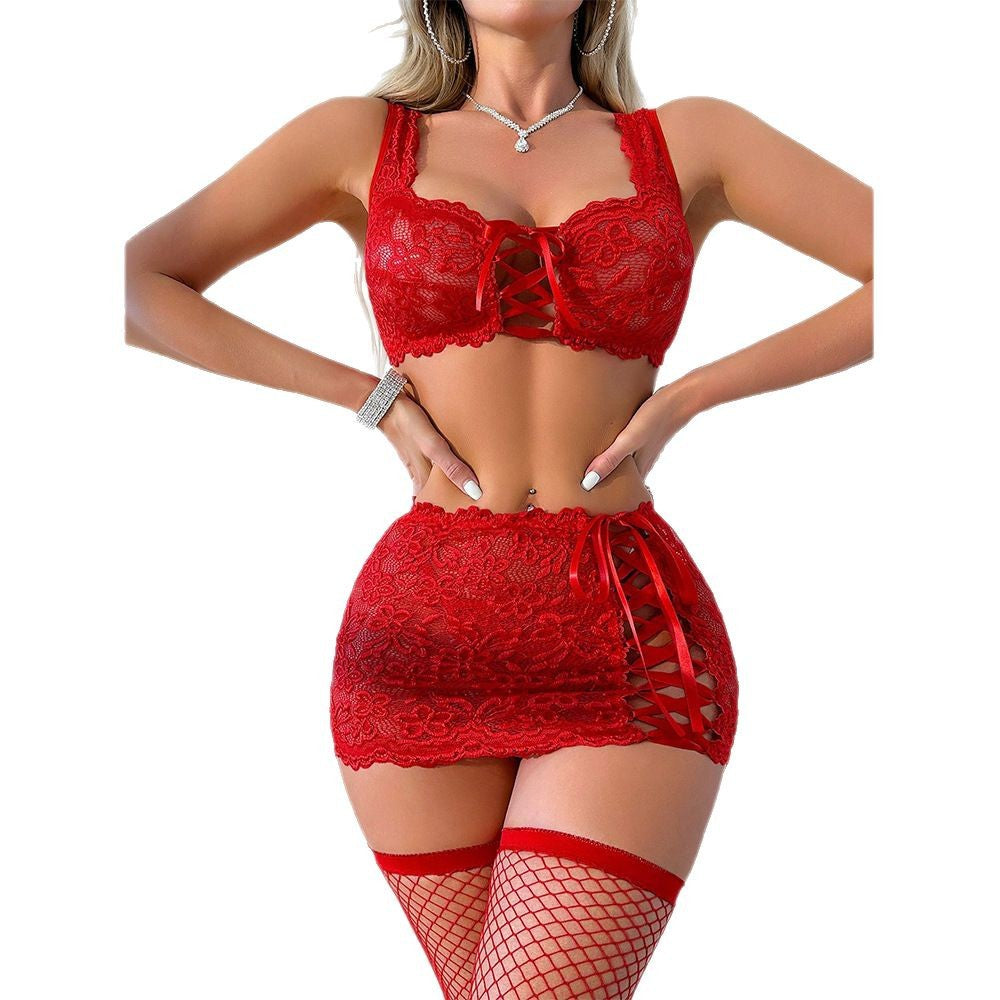 Lace Strappy Bra Skirt Thong Set