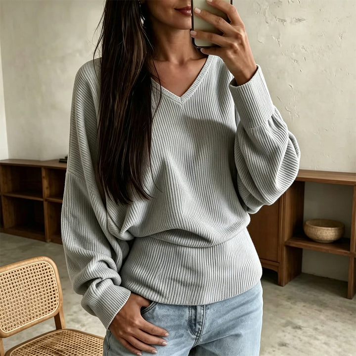 New Casual Loose Ribbed V-Neck Long-Sleeve T-Shirt