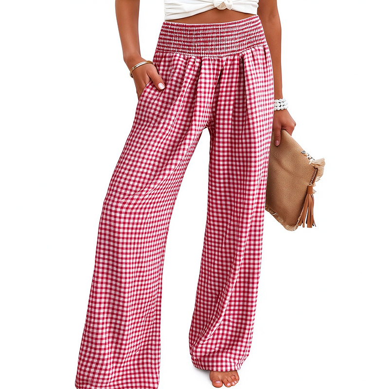 High-waisted, wide-leg plaid trousers—a stylish choice