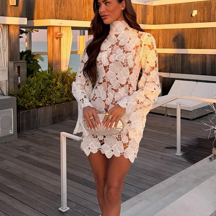 New long-sleeve lace dress featuring a scalloped stand collar.
