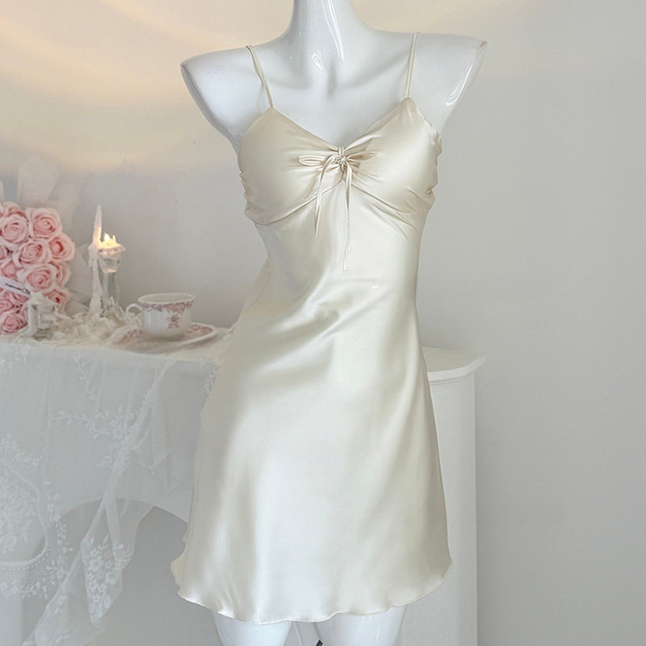 Ice-silk and lace camisole nightdress, featuring built-in pads and a bow detail