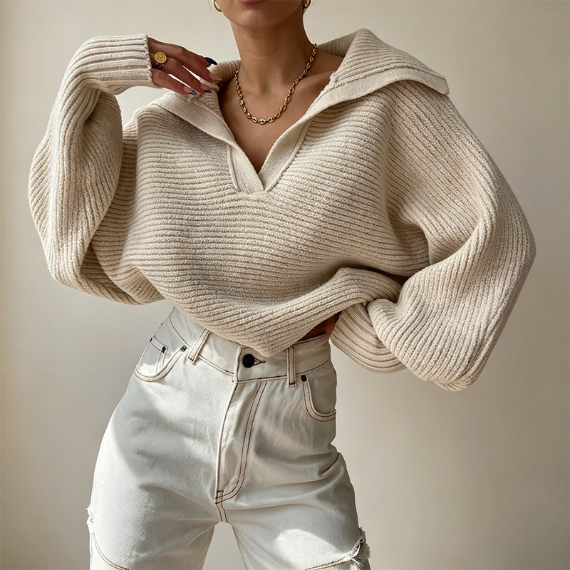 Open-collar loose-fit cropped pullover sweater