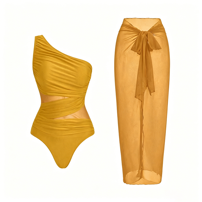 Mesh-Paneled One-Piece Swimsuit (with Wrap Skirt)