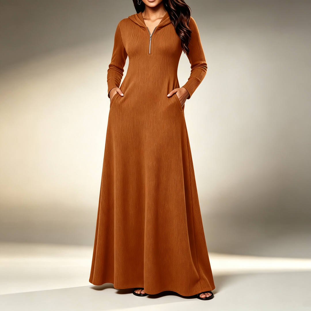 Half-zip hooded knit casual maxi dress