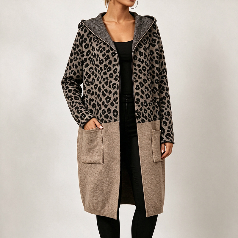 Stylish Leopard-Print Hooded Knit Cardigan (Mid-Length)