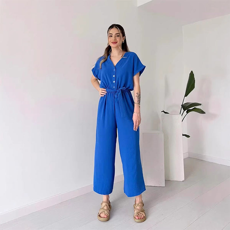 Solid-color V-neck high-waisted belted straight-leg jumpsuit