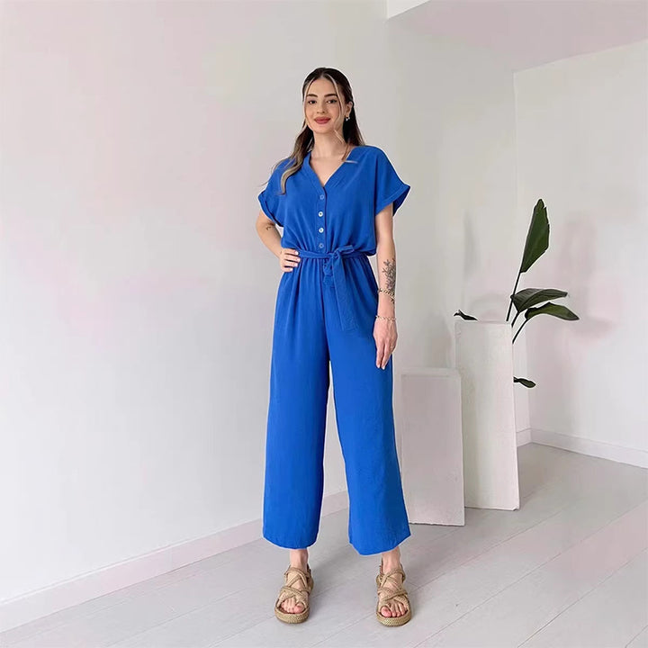 Solid-color V-neck high-waisted belted straight-leg jumpsuit